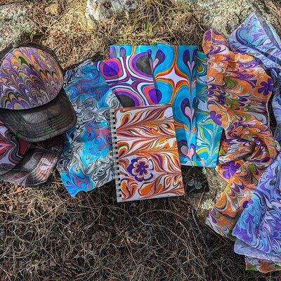 Marbled Silk Scarf, Trucker Hat, Sketchbook or 4 Pieces of Paper